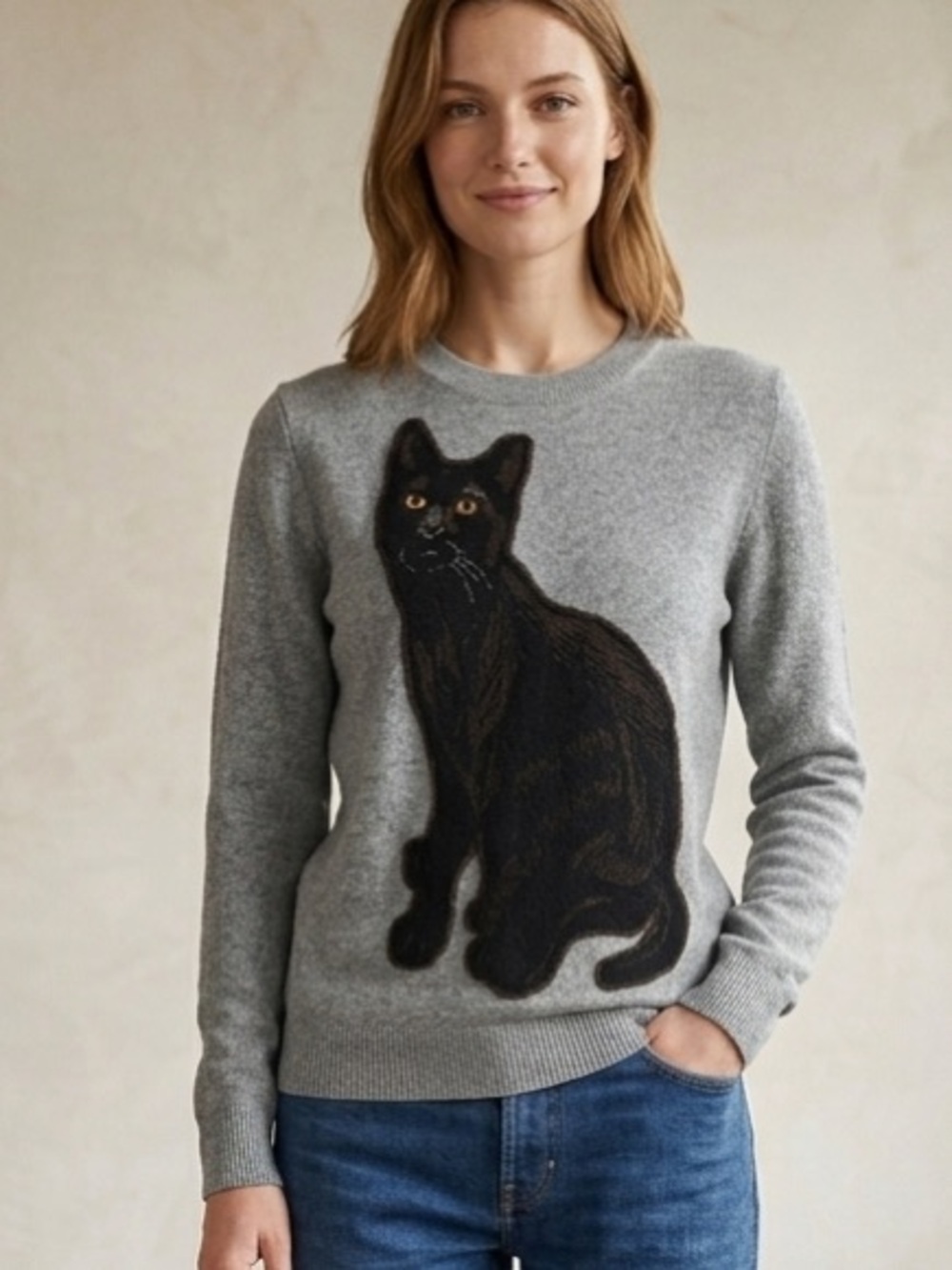 Sweater Hound Black Cat Knit Sweater Medium Gray Graphic Crewneck Pullover EUC⁠